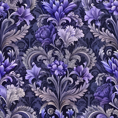 purple, lavender, deep violet, navy blue, gray, baroque pattern, ornate florals, damask design, scrollwork, acanthus leaves, decorative swirls, elegant motifs, luxurious pattern, vintage style, quilting cotton, fabric panel, rich textures, formal design, intricate details, regal aesthetic
