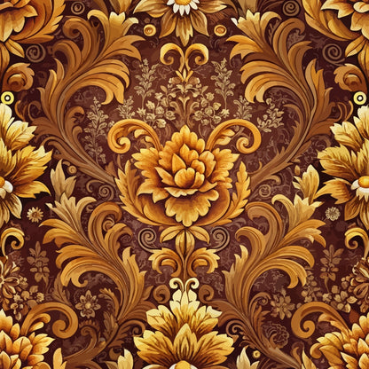 baroque florals, golden brown, amber tones, ornate scrollwork, damask pattern, decorative swirls, elegant flowers, vintage motifs, rich browns, quilting cotton, fabric panel, luxurious design, intricate details, flowing vines, ornamental leaves, warm palette, sophisticated style, repeating pattern, textile art, premium cotton
