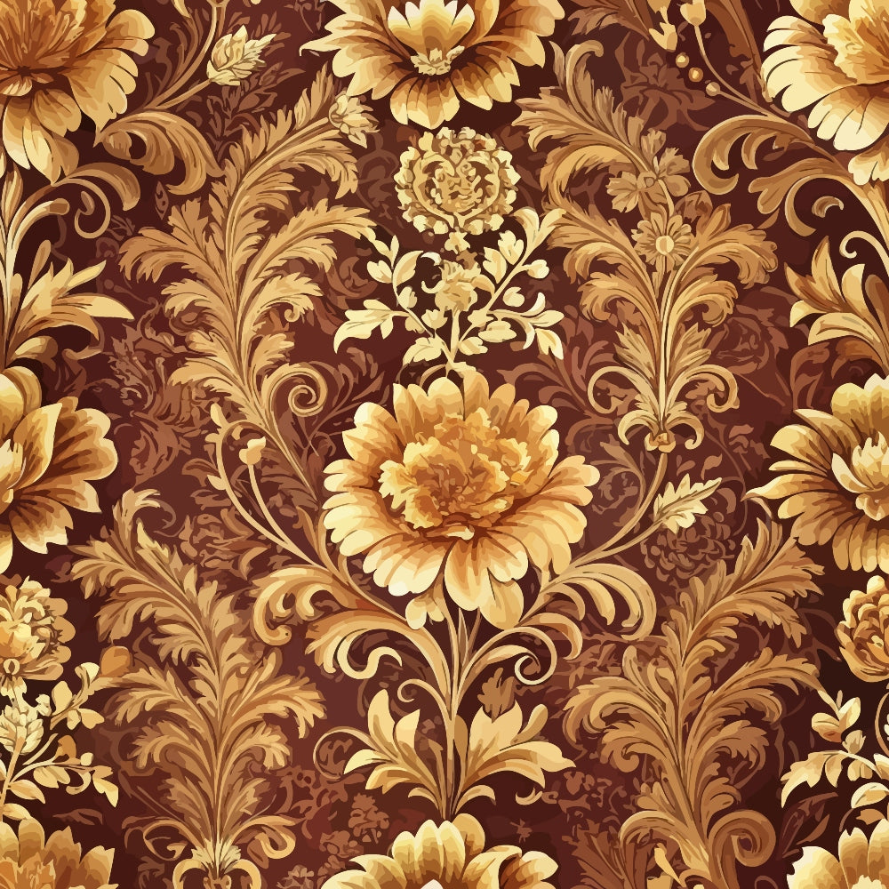 brown, golden, amber, baroque florals, ornate flowers, scrollwork, acanthus leaves, damask pattern, elegant swirls, decorative motifs, quilting cotton, fabric panel, luxurious design, warm tones, intricate details, formal pattern, opulent style, vintage inspired, rich colors