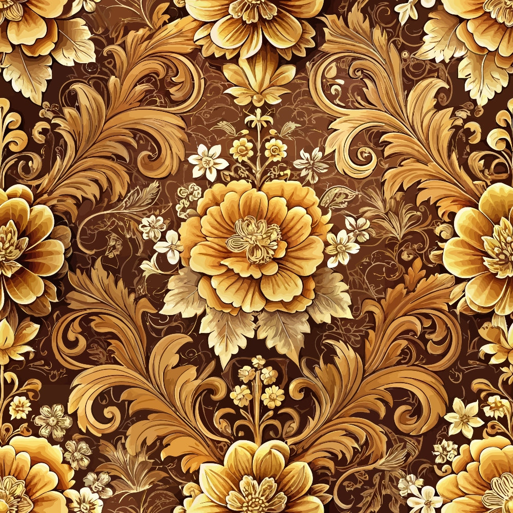 baroque florals, ornate flowers, scrollwork, acanthus leaves, golden brown, amber, cream, sepia tones, decorative swirls, vintage damask, elaborate blooms, rococo style, intricate vines, ornamental pattern, quilting cotton, fabric panel, luxurious design, botanical motifs, antique finish, warm earth tones