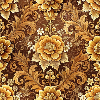 baroque florals, ornate flowers, scrollwork, acanthus leaves, golden brown, amber, cream, sepia tones, decorative swirls, vintage damask, elaborate blooms, rococo style, intricate vines, ornamental pattern, quilting cotton, fabric panel, luxurious design, botanical motifs, antique finish, warm earth tones