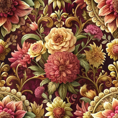 burgundy, coral pink, golden yellow, sage green, cream, baroque florals, ornate scrollwork, roses, dahlias, chrysanthemums, decorative swirls, vintage botanical, opulent design, rich tones, quilting cotton, fabric panel, floral motifs, elaborate pattern, warm palette, luxurious feel