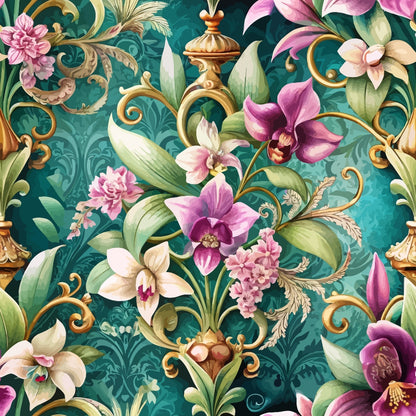 baroque pattern, floral design, orchids, pink flowers, cream flowers, teal background, gold scrollwork, ornate flourishes, botanical motif, quilting cotton, fabric panel, decorative swirls, vintage style, elegant florals, purple blooms, green leaves, intricate details, luxurious pattern, romantic flowers, ornamental design