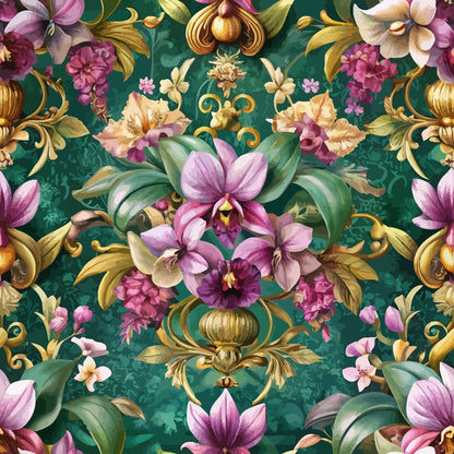 A seamless pattern featuring ornate arrangements of pink, purple, and cream flowers with green leaves and gold decorative elements on a dark green background. The design is symmetrical and richly detailed.