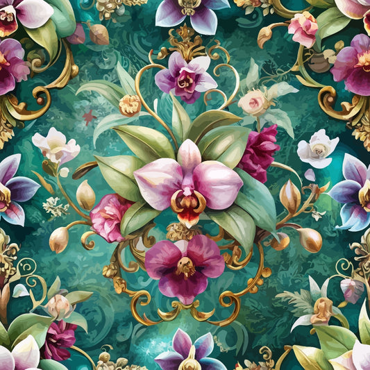 A detailed pattern featuring purple, pink, and white orchids with green leaves, surrounded by ornate gold scrolls on a teal background with subtle floral textures.