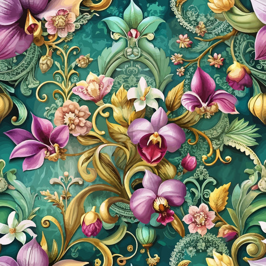 teal background, purple orchids, baroque pattern, ornate scrollwork, floral motif, quilting cotton, fabric panel, decorative swirls, botanical design, jewel tones, golden accents, pink flowers, green foliage, elegant flourishes, vintage style, seamless repeat, luxurious pattern, cottage core, ornamental design