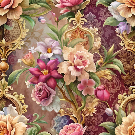 A detailed, ornate floral pattern featuring pink, cream, and purple flowers with green leaves on a background of gold scrollwork and damask designs in red and brown tones.
