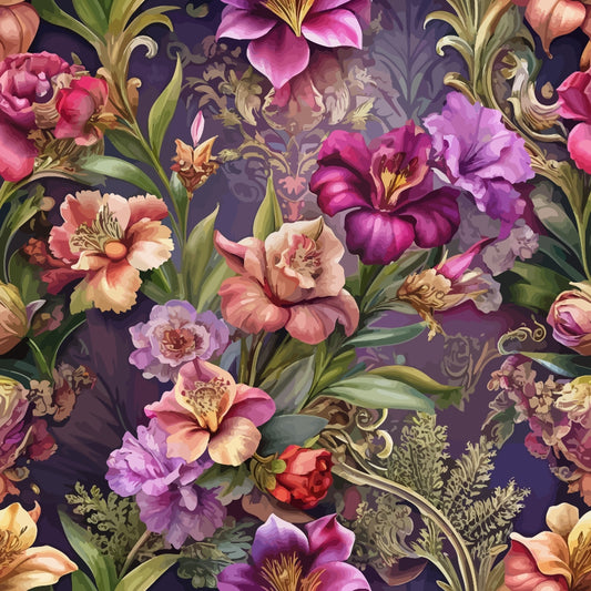 A detailed floral pattern featuring pink, purple, and red flowers with green leaves on a dark background. The arrangement includes various blooms and foliage, creating a dense, ornamental design.