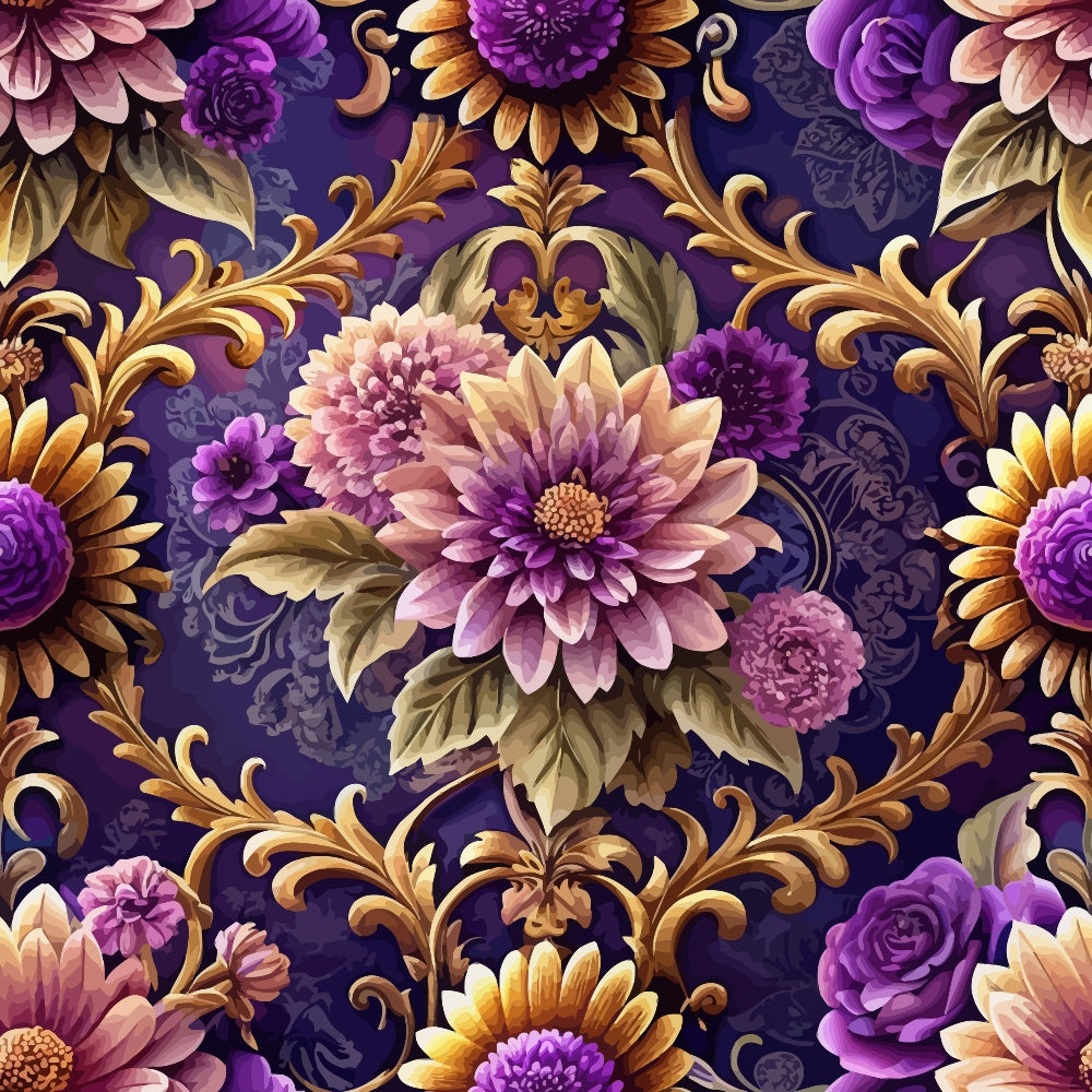 purple, gold, pink, mauve, burgundy, baroque pattern, ornate florals, damask design, chrysanthemums, roses, scrollwork, acanthus leaves, decorative swirls, luxurious style, opulent design, quilting cotton, fabric panel, rich colors, floral motifs, vintage inspired