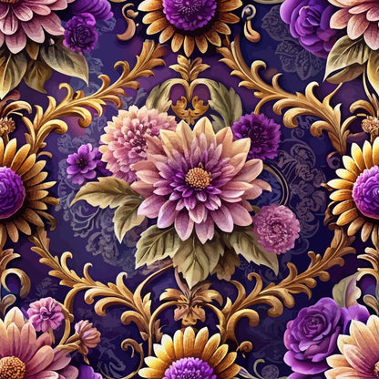 purple, gold, pink, mauve, burgundy, baroque pattern, ornate florals, damask design, chrysanthemums, roses, scrollwork, acanthus leaves, decorative swirls, luxurious style, opulent design, quilting cotton, fabric panel, rich colors, floral motifs, vintage inspired
