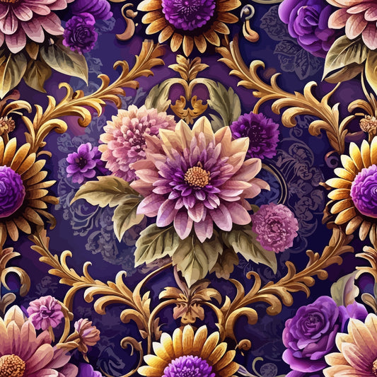 purple, gold, pink, mauve, burgundy, baroque pattern, ornate florals, damask design, chrysanthemums, roses, scrollwork, acanthus leaves, decorative swirls, luxurious style, opulent design, quilting cotton, fabric panel, rich colors, floral motifs, vintage inspired