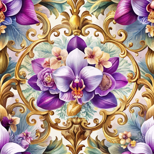 A detailed illustration featuring purple and white orchids, roses, and various flowers surrounded by intricate gold ornamental scrollwork on a light background.