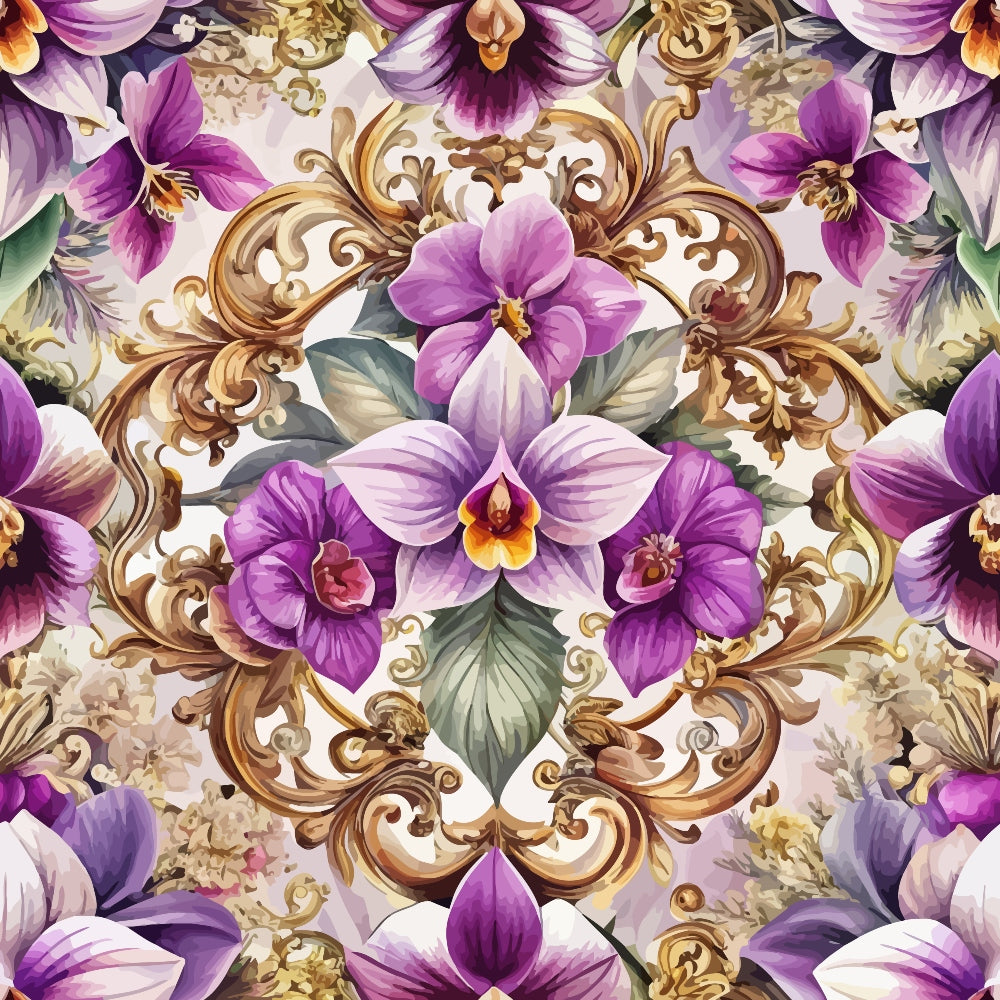 purple flowers, orchids, baroque pattern, gold scrollwork, ornate design, floral motif, lavender petals, decorative swirls, elegant florals, quilting cotton, fabric panel, botanical design, luxurious pattern, ornamental style, violet blooms, golden accents, rococo influence, sophisticated floral, textile art, seamless repeat