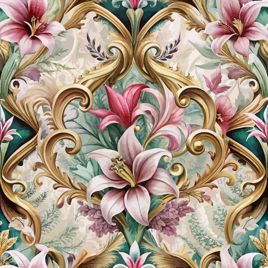 Ornate floral pattern featuring large pink and white lilies, gold decorative scrolls, and green foliage on a light background with intricate designs.