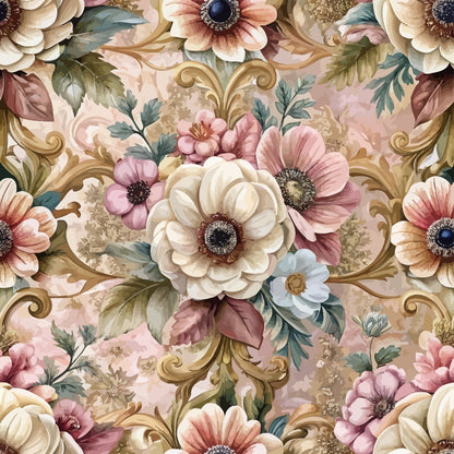 baroque florals, quilting cotton, fabric panel, cream flowers, pink blossoms, mauve petals, gold scrollwork, ornate design, vintage floral, decorative swirls, botanical pattern, layered blooms, dusty rose, ivory background, elegant motifs, romantic florals, intricate details, soft pastels, repeating pattern, luxurious texture