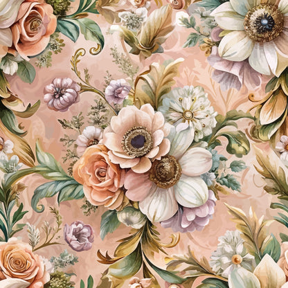 blush pink, peach, cream, sage green, baroque floral, ornate roses, decorative scrolls, vintage blooms, anemone flowers, gold accents, romantic pattern, elegant foliage, quilting cotton, fabric panel, soft pastels, detailed petals, swirling vines, layered florals, muted tones, sophisticated design