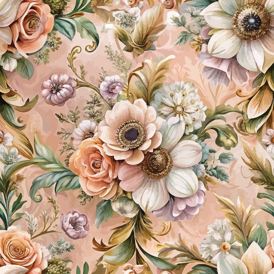 blush pink, peach, cream, sage green, baroque floral, ornate roses, decorative scrolls, vintage blooms, anemone flowers, gold accents, romantic pattern, elegant foliage, quilting cotton, fabric panel, soft pastels, detailed petals, swirling vines, layered florals, muted tones, sophisticated design