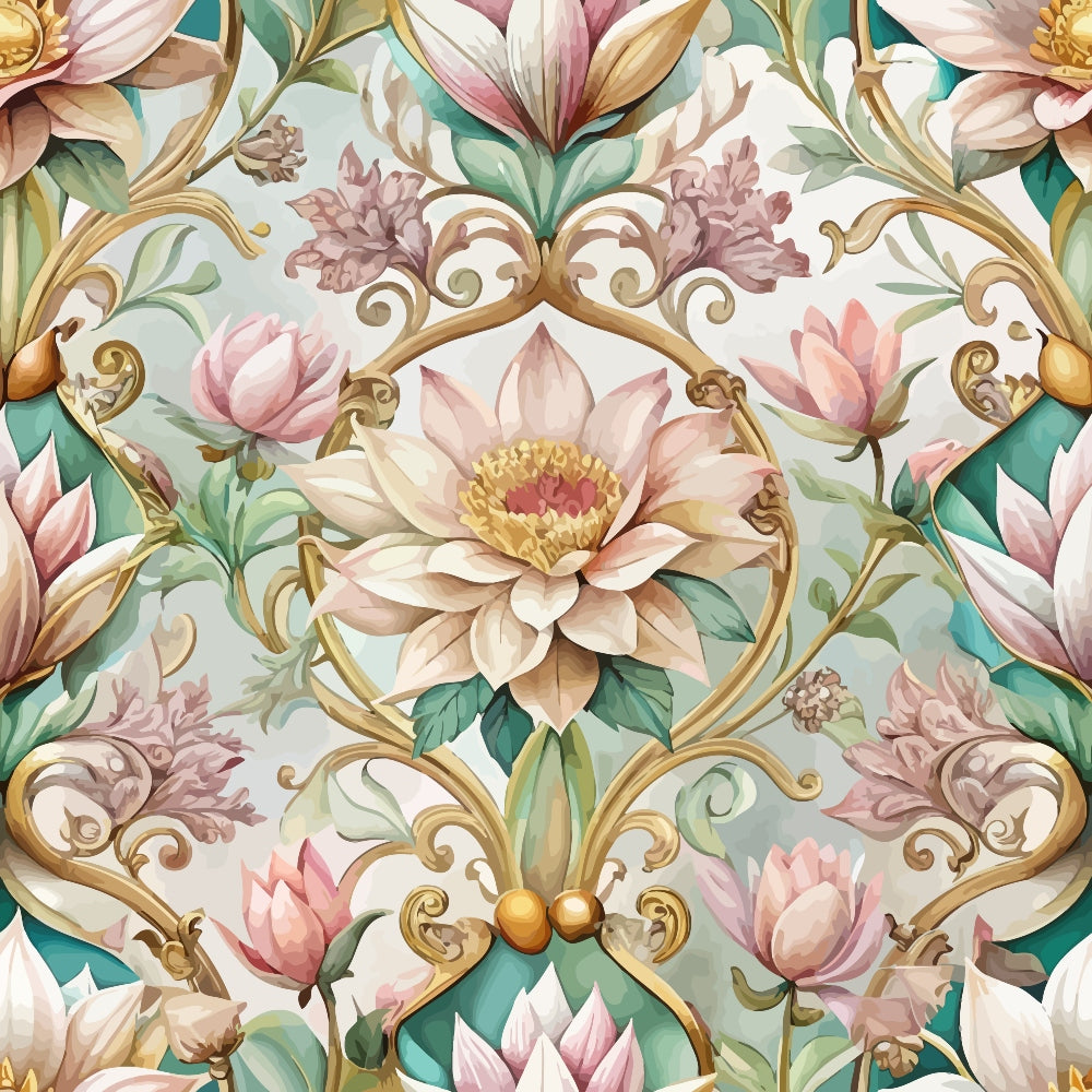 baroque florals, ornate scrollwork, pink flowers, lotus blossoms, sage green, dusty rose, gold accents, cream background, decorative swirls, botanical motifs, elegant pattern, vintage style, quilting cotton, fabric panel, floral damask, romantic design, soft pastels, intricate details, repeating pattern