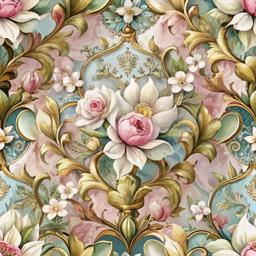 baroque florals, ornate scrollwork, pink roses, white magnolias, dusty blue, sage green, gold accents, rococo style, vintage flowers, quilting cotton, fabric panel, decorative motifs, pastel palette, elegant blooms, intricate design, ornamental pattern, luxurious florals, romantic style, cotton fabric