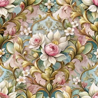 baroque florals, ornate scrollwork, pink roses, white magnolias, dusty blue, sage green, gold accents, rococo style, vintage flowers, quilting cotton, fabric panel, decorative motifs, pastel palette, elegant blooms, intricate design, ornamental pattern, luxurious florals, romantic style, cotton fabric