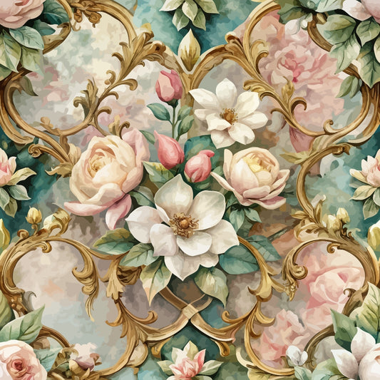 A detailed floral pattern featuring white and pink roses with green leaves, surrounded by ornate gold scrollwork on a soft pastel background. The design has a vintage, baroque-inspired style.
