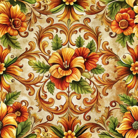 Seamless floral pattern with large orange and yellow flowers, green leaves, and ornate swirling gold accents on a beige background. The design is symmetrical and has a vintage, baroque-inspired style.