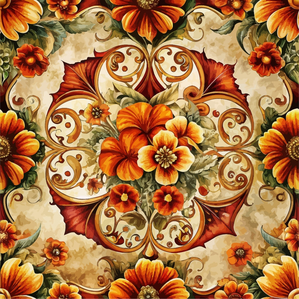 baroque florals, ornate scrollwork, orange flowers, red blooms, golden swirls, cream background, decorative motifs, floral medallion, autumn colors, rust tones, quilting cotton, fabric panel, botanical design, elegant pattern, warm palette, intricate details, damask style, fall florals, ornamental swirls