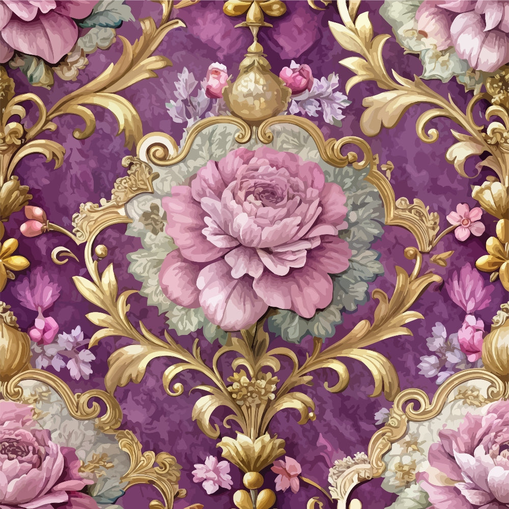 purple background, baroque pattern, ornate scrollwork, pink roses, floral motif, gold accents, decorative swirls, vintage style, quilting cotton, fabric panel, romantic florals, lavender tones, ornamental design, rococo elements, dusty rose, gilded details, botanical print, elegant pattern, damask style, feminine colors