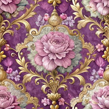 purple background, baroque pattern, ornate scrollwork, pink roses, floral motif, gold accents, decorative swirls, vintage style, quilting cotton, fabric panel, romantic florals, lavender tones, ornamental design, rococo elements, dusty rose, gilded details, botanical print, elegant pattern, damask style, feminine colors