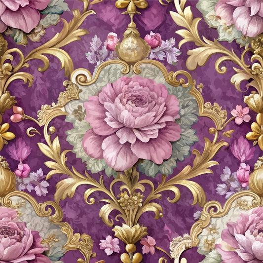 A seamless pattern featuring large pink roses and ornate gold baroque scrolls on a purple textured background, with smaller flowers and pale green leaves interspersed throughout.