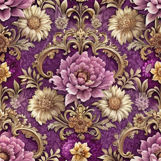 Ornate floral pattern featuring large, detailed flowers in shades of pink, cream, and yellow with gold decorative scrolls on a purple background. The design is symmetrical and richly textured.