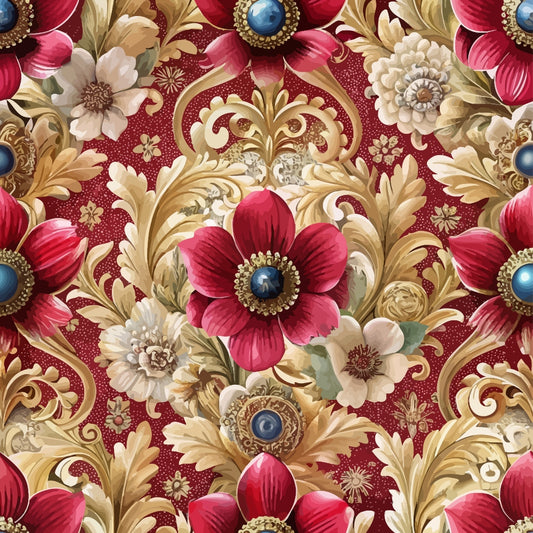 A seamless pattern featuring large red and white flowers with gold ornamental leaves on a deep red, textured background. The flowers have blue and gold centers, creating an intricate, decorative design.