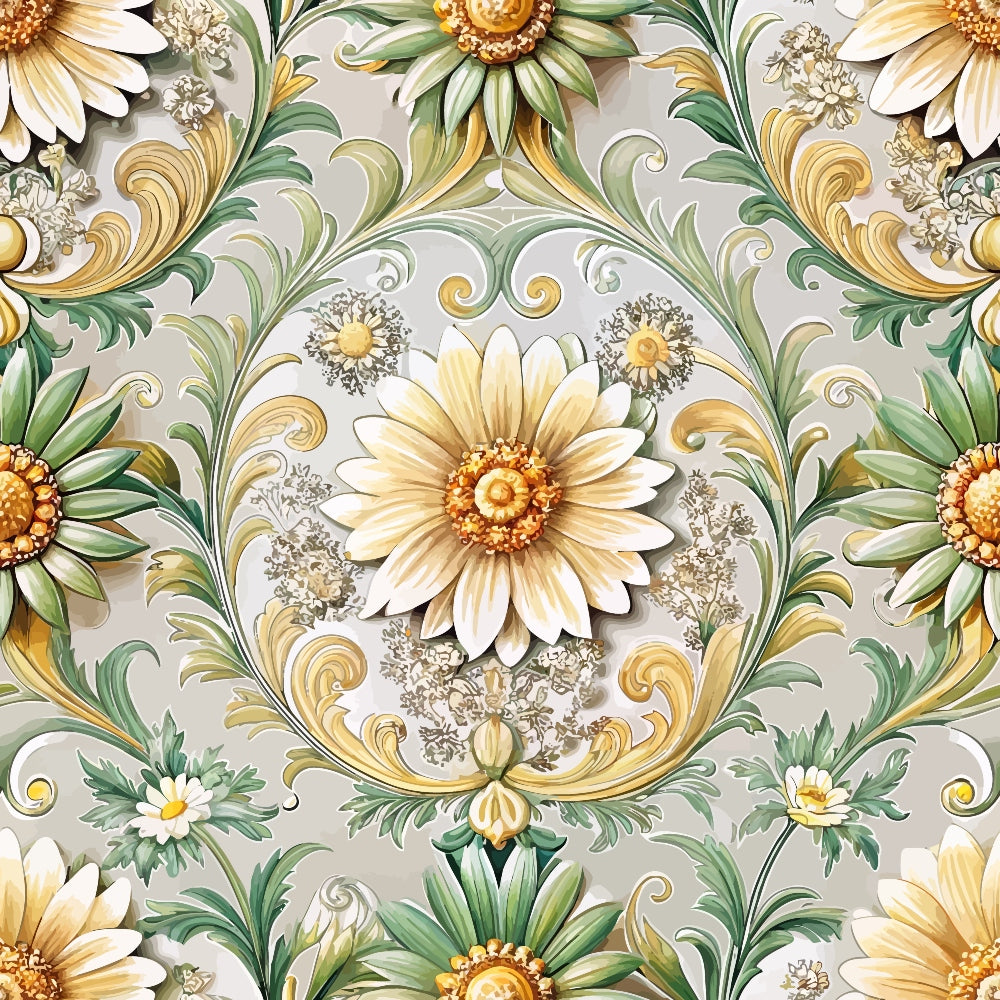 baroque florals, cream background, sage green, golden yellow, ornate scrollwork, daisy flowers, decorative swirls, vintage pattern, quilting cotton, fabric panel, floral damask, elegant design, acanthus leaves, rococo style, neutral tones, botanical motifs, symmetrical pattern, luxury aesthetic