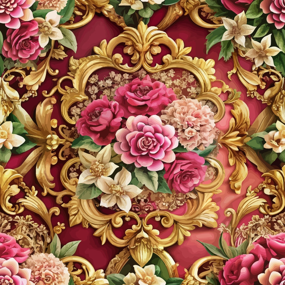burgundy, deep red, gold ornate, baroque scrollwork, pink roses, cream flowers, ornamental frame, floral bouquet, decorative flourishes, vintage style, elegant pattern, quilting cotton, fabric panel, romantic florals, gilded accents, rose garden, ornate border, luxurious design, antique motifs