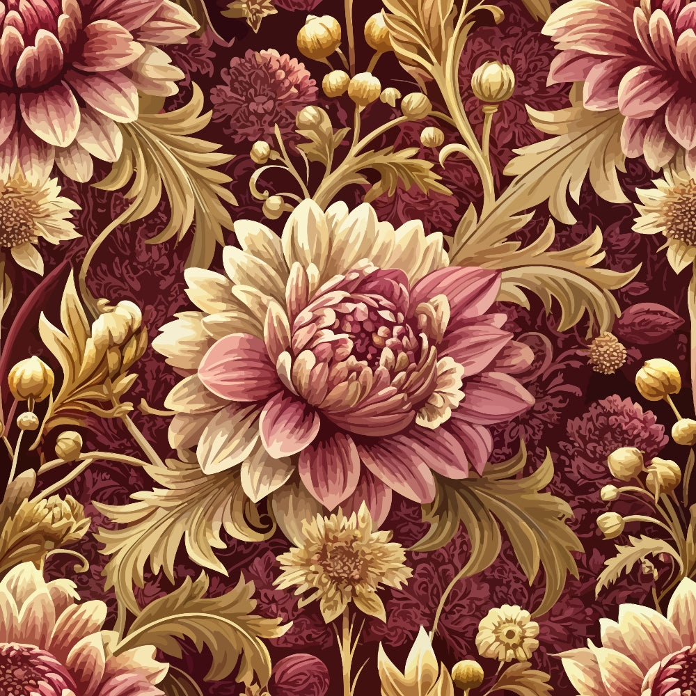 burgundy, maroon, gold, cream, pink, baroque floral, ornate flowers, decorative leaves, vintage pattern, quilting cotton, fabric panel, elegant design, romantic florals, swirling motifs, rich colors, luxurious pattern, detailed blooms, ornamental style, sophisticated floral