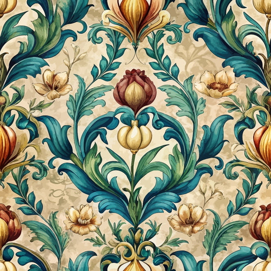 Seamless floral pattern with stylized flowers and leaves in green, gold, and brown tones on a beige background. The design has a symmetrical, vintage look reminiscent of classic wallpaper or textile prints.