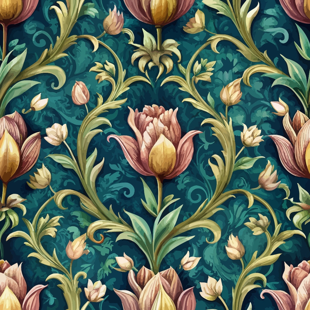 teal background, baroque pattern, floral motif, tulips, ornate scrollwork, vintage style, decorative flourishes, pink flowers, yellow blooms, green foliage, seamless repeat, elegant design, quilting cotton, fabric panel, botanical elements, swirling vines, renaissance inspired, luxurious pattern, detailed florals