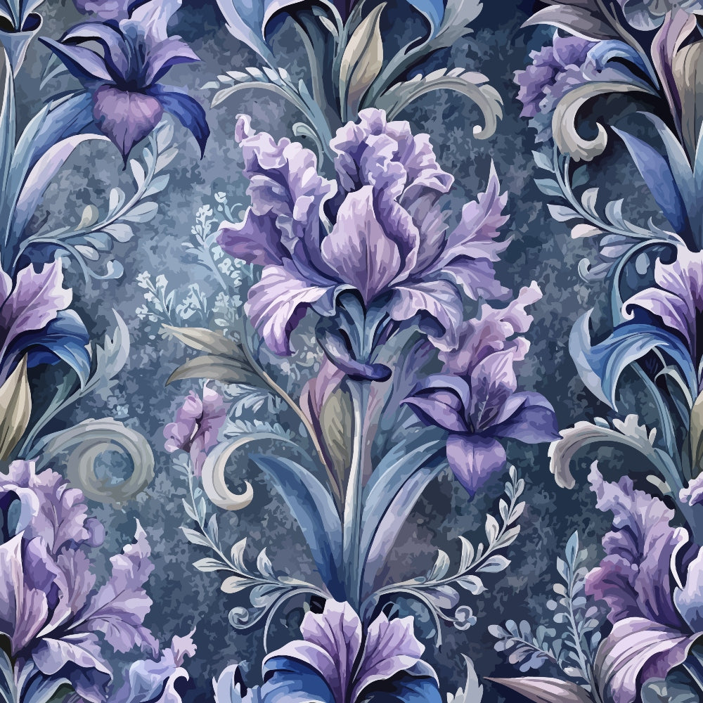 purple flowers, lavender blooms, blue gray background, baroque pattern, ornate scrollwork, floral motif, decorative swirls, elegant design, quilting cotton, fabric panel, vintage style, botanical print, damask pattern, ruffled petals, flowing leaves, romantic florals, sophisticated palette, ornamental design, textile art