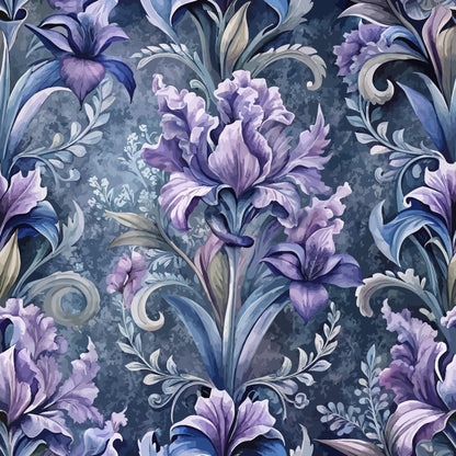 purple flowers, lavender blooms, blue gray background, baroque pattern, ornate scrollwork, floral motif, decorative swirls, elegant design, quilting cotton, fabric panel, vintage style, botanical print, damask pattern, ruffled petals, flowing leaves, romantic florals, sophisticated palette, ornamental design, textile art