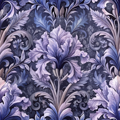 purple, lavender, periwinkle, navy blue, baroque pattern, ornate florals, acanthus leaves, scrollwork, damask design, elegant swirls, decorative motifs, luxurious texture, quilting cotton, fabric panel, sophisticated palette, flowing curves, intricate details, monochromatic scheme, vintage inspired, ornamental design