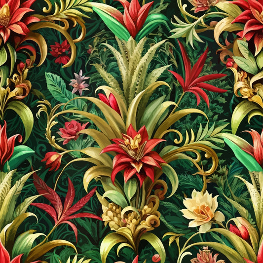 A seamless pattern featuring tropical plants and flowers with green leaves, red and yellow blooms, and ornate foliage on a dark green background. The design is detailed and richly colored, creating a lush, exotic appearance.