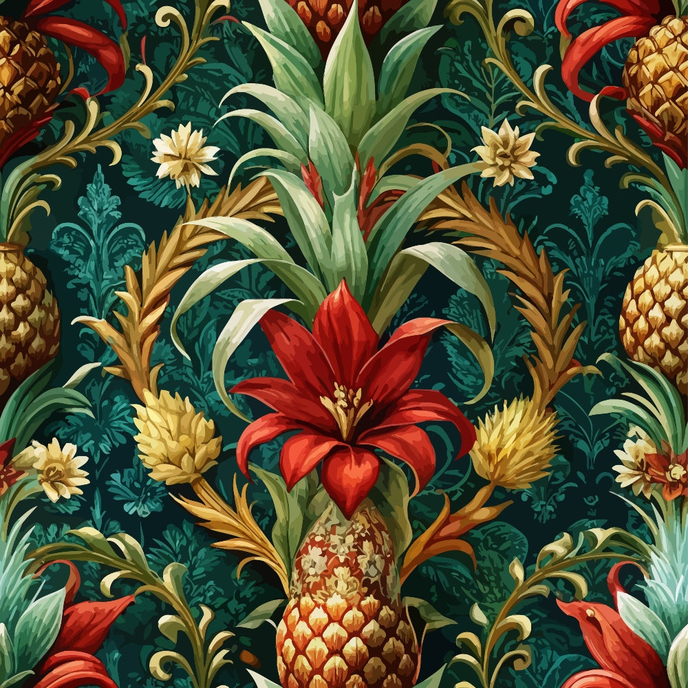 baroque florals, pineapples, tropical flowers, red blooms, golden pineapples, emerald green, teal background, ornate scrollwork, decorative swirls, lush foliage, exotic botanicals, rich colors, opulent pattern, quilting cotton, fabric panel, tropical paradise, elaborate design, vintage style, luxurious motifs