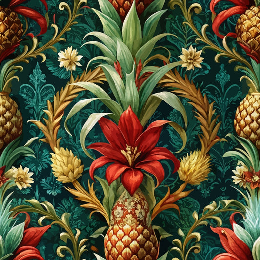 baroque florals, pineapples, tropical flowers, red blooms, golden pineapples, emerald green, teal background, ornate scrollwork, decorative swirls, lush foliage, exotic botanicals, rich colors, opulent pattern, quilting cotton, fabric panel, tropical paradise, elaborate design, vintage style, luxurious motifs