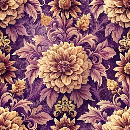 A seamless pattern featuring large, detailed beige and gold flowers with ornate leaves on a purple background with subtle decorative designs.