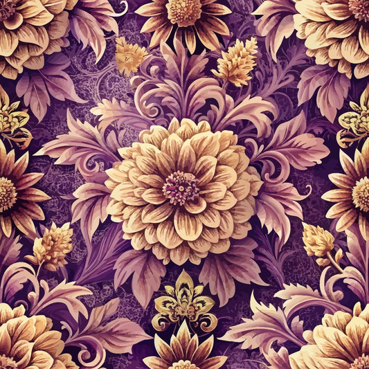 baroque florals, quilting cotton, fabric panel, deep purple, golden yellow, ornate flowers, decorative scrollwork, vintage style, elaborate petals, rich burgundy, cream tones, floral motifs, damask pattern, ornamental design, luxurious aesthetic, detailed blooms, swirling vines, regal colors, intricate artwork, textile design