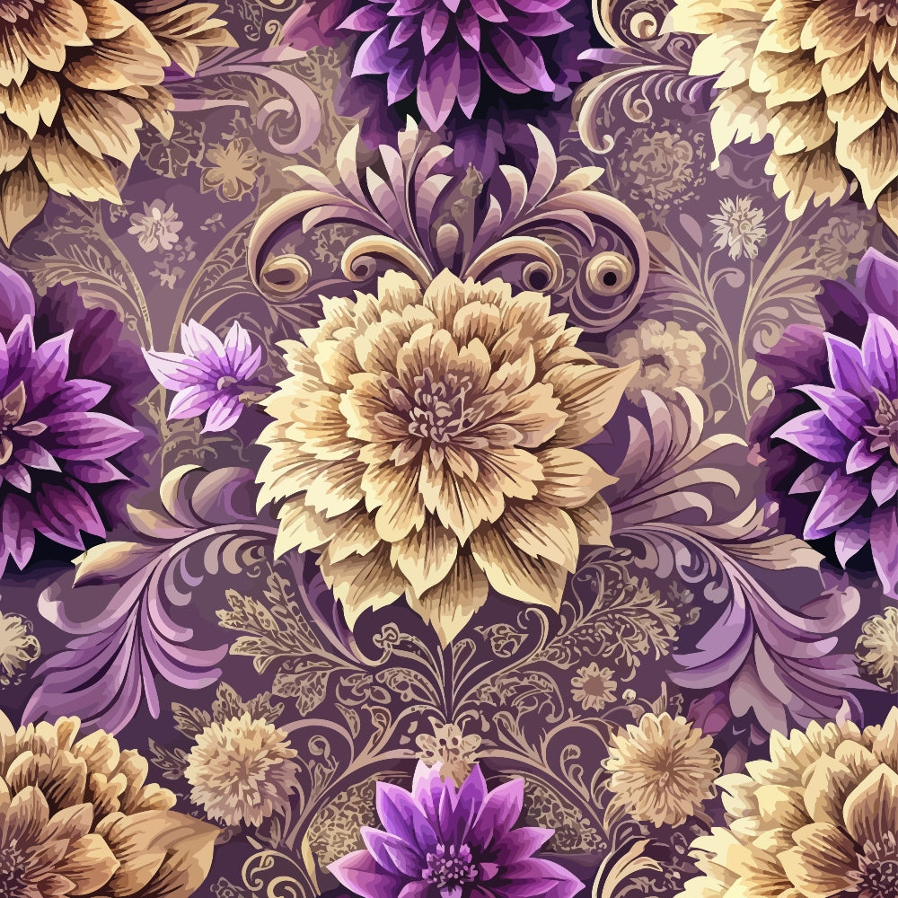 purple, gold, cream, baroque florals, ornate flowers, decorative scrollwork, vintage damask, elegant petals, layered blooms, intricate swirls, luxury pattern, royal colors, quilting cotton, fabric panel, botanical design, ornamental motifs, rich textures, floral wallpaper style, opulent design, renaissance inspired