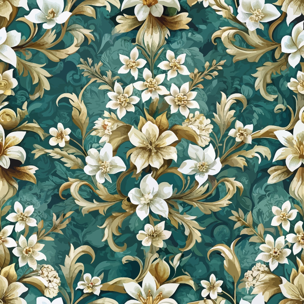 teal background, white flowers, gold accents, baroque pattern, ornate scrollwork, floral motif, decorative swirls, elegant design, quilting cotton, fabric panel, seamless repeat, vintage style, botanical elements, intricate details, damask inspired, cream petals, forest green, antique gold, flowing vines, ornamental flourishes