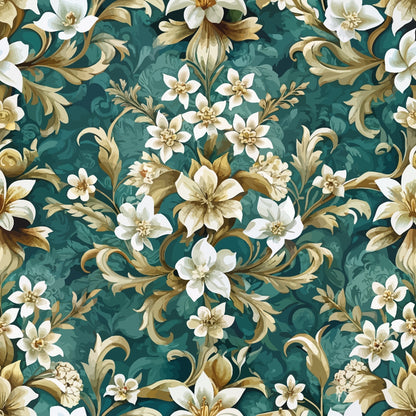teal background, white flowers, gold accents, baroque pattern, ornate scrollwork, floral motif, decorative swirls, elegant design, quilting cotton, fabric panel, seamless repeat, vintage style, botanical elements, intricate details, damask inspired, cream petals, forest green, antique gold, flowing vines, ornamental flourishes