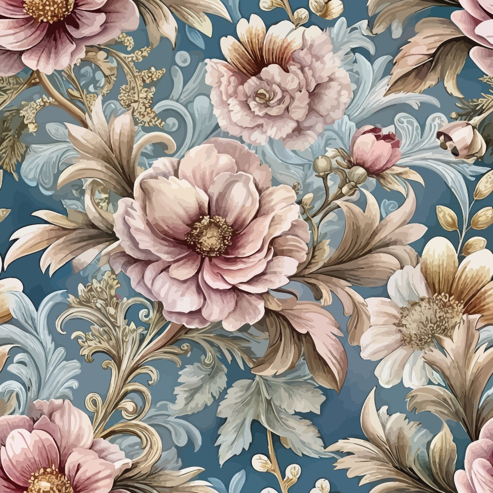 dusty blue, mauve pink, cream, taupe, baroque florals, ornate flowers, decorative scrollwork, peonies, roses, botanical motifs, vintage style, elegant pattern, quilting cotton, fabric panel, romantic mood, soft pastels, floral damask, ornamental design, luxurious texture