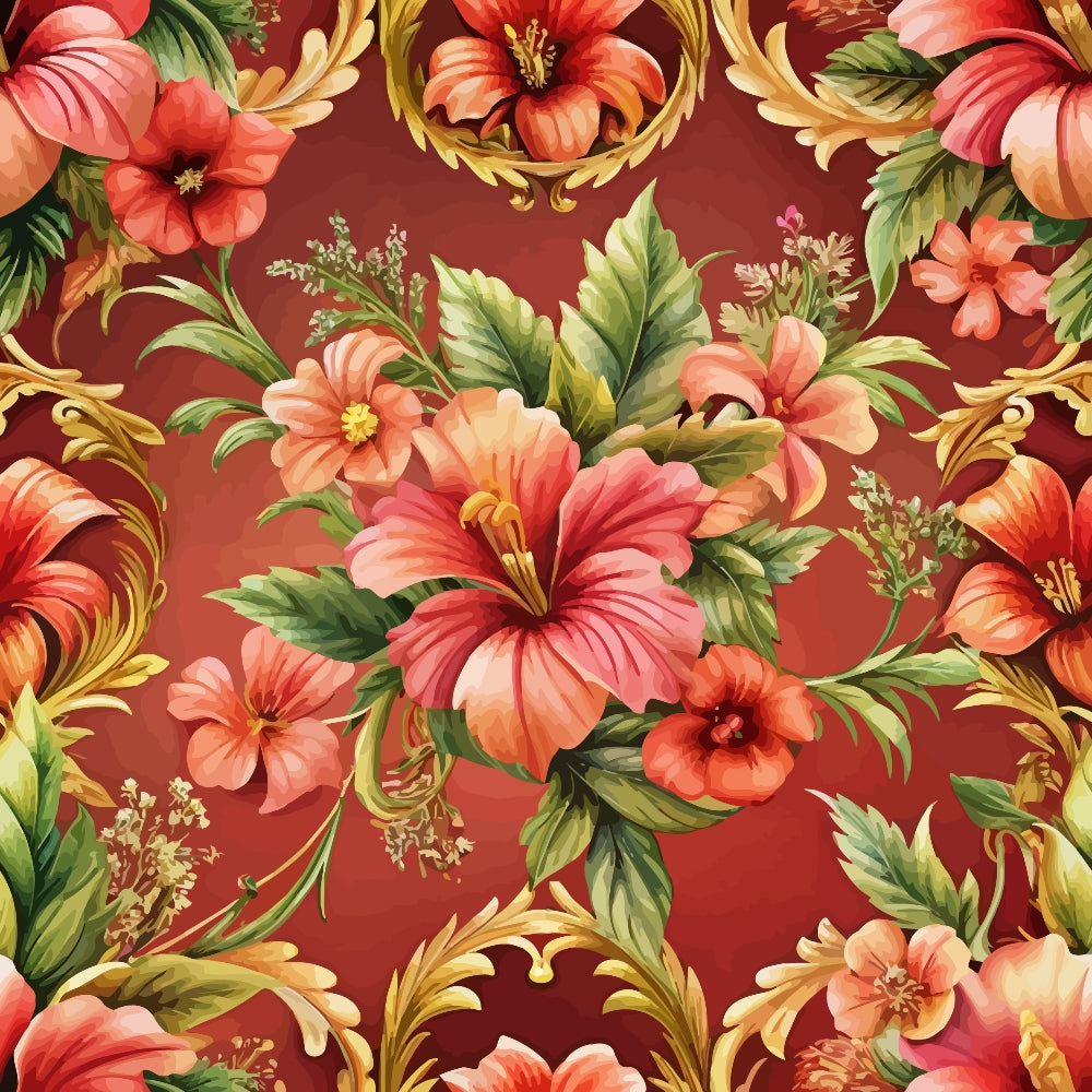 burgundy, coral, peach, pink, gold, green, baroque florals, hibiscus flowers, tropical blooms, ornate scrollwork, decorative swirls, lush foliage, botanical pattern, elegant motifs, quilting cotton, fabric panel, rich colors, flowing design, floral arrangement, exotic flowers